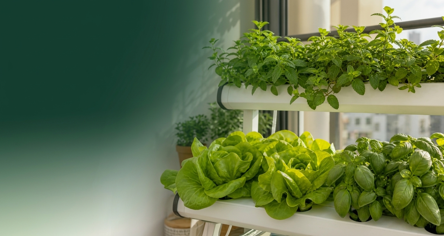 Sistema hidropónico vertical con lechugas y albahaca en un balcón iluminado