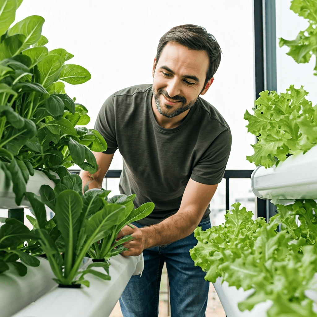 Hombre sonriendo junto a su cultivo hidropónico en balcón