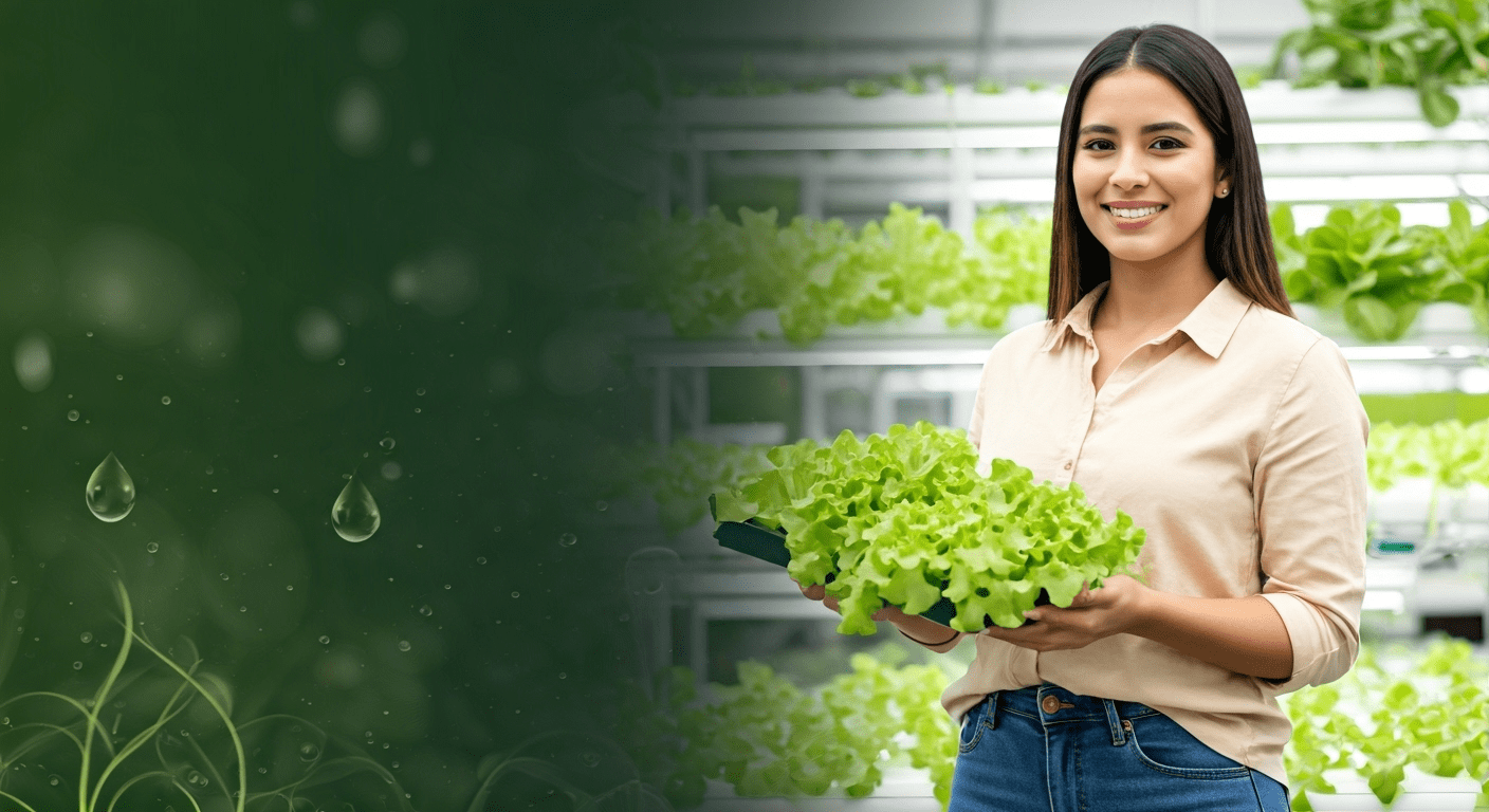 Mujer sosteniendo una bandeja de lechugas en un cultivo hidropónico vertical